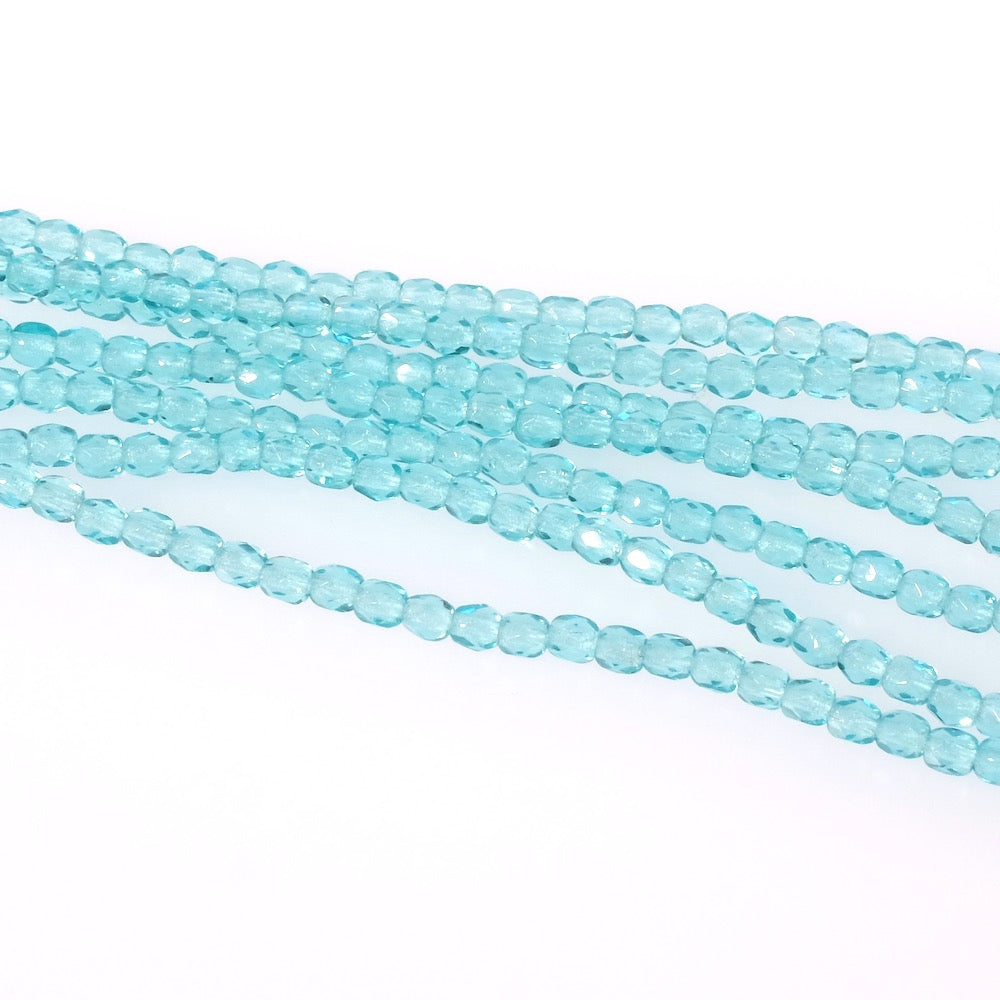 Fil de perles de Bohème rondes facettées 3mm turquoise clair transparent 