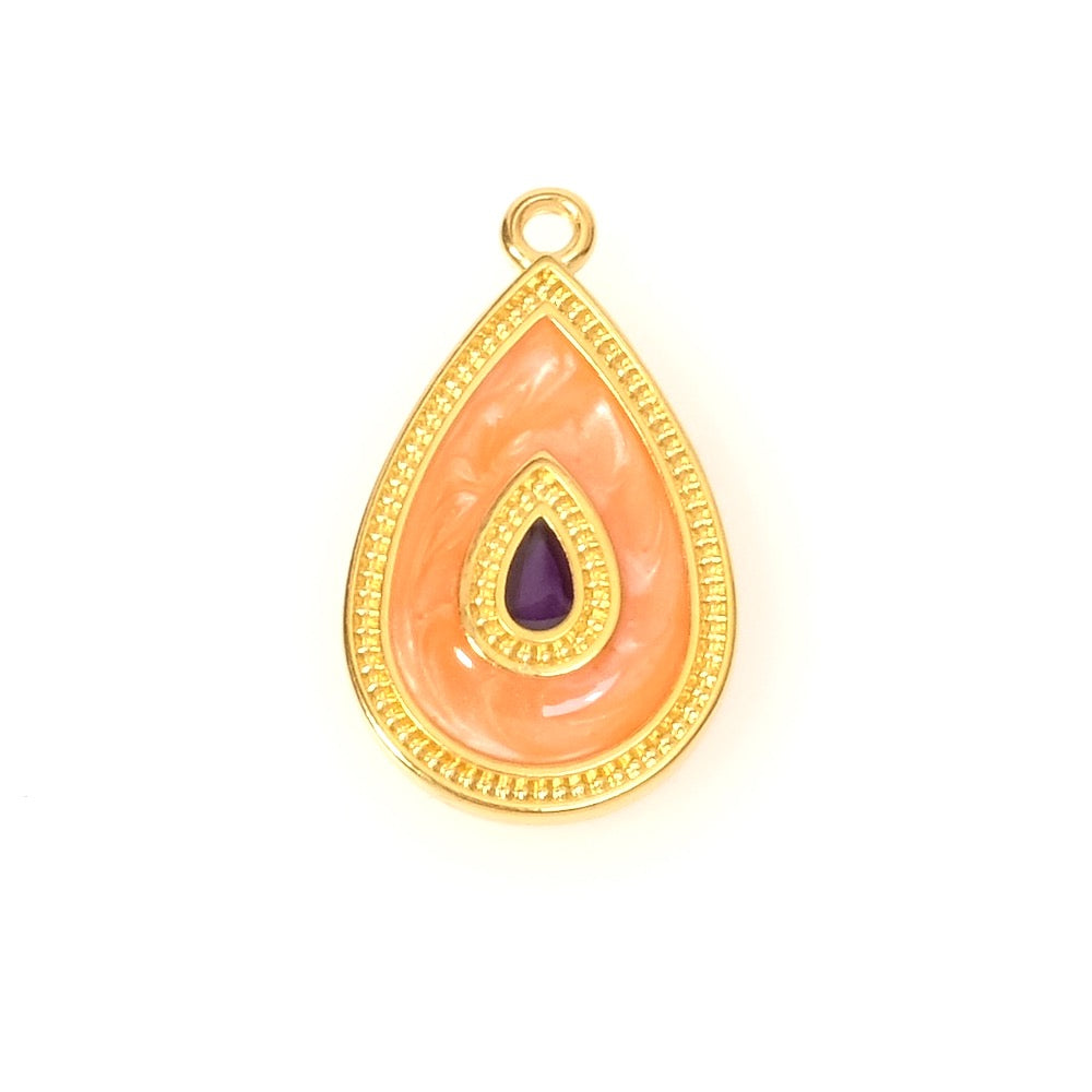 Pendentif goutte émaillé corail nacré et violet foncé en Zamak doré 24K