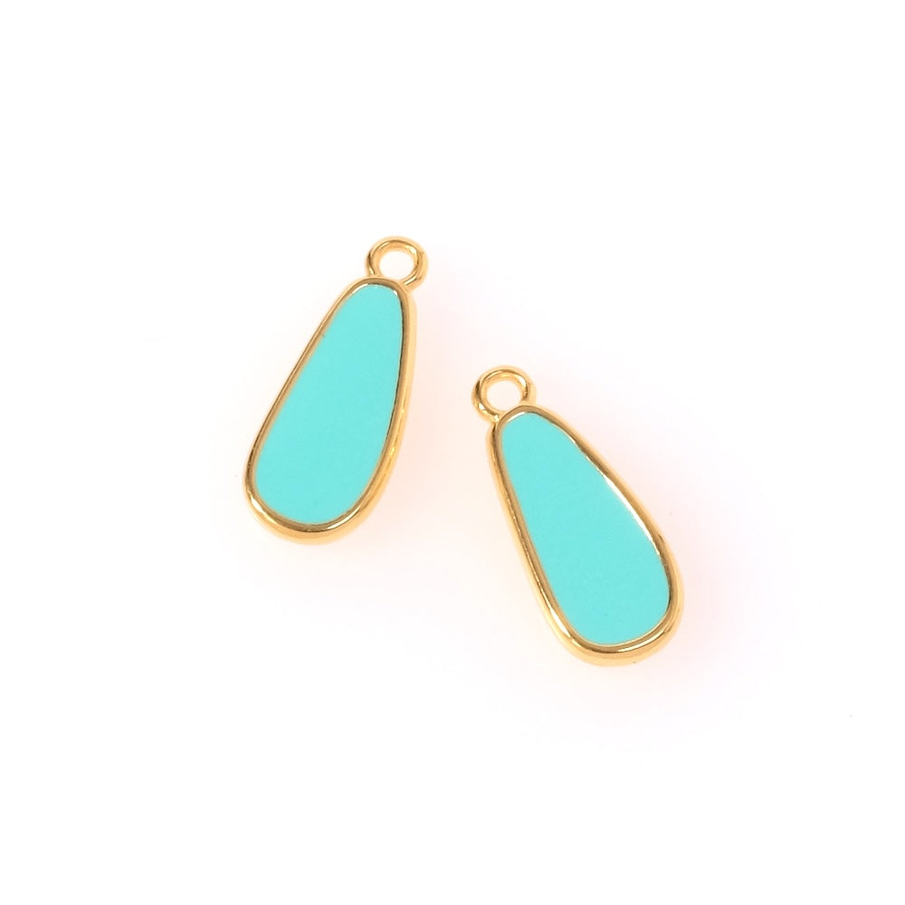 2 pendentifs émaillés gouttes Turquoise en Zamak doré Or 24K