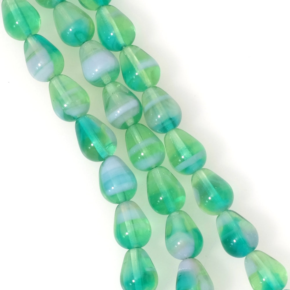 Fil de perles de Bohème gouttes striées 9,5x12mm vert et bleu transparent