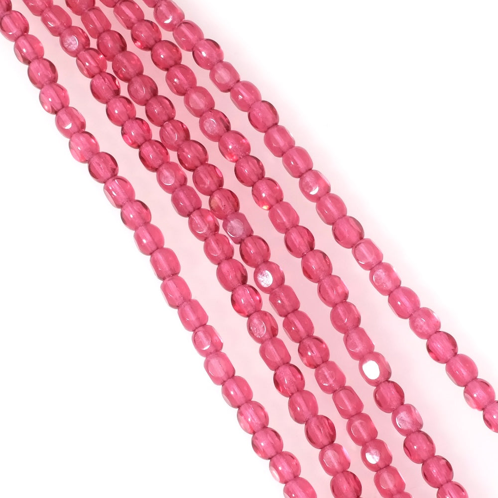 Fil de perles de Bohème rondes facettées 4mm rose framboise transparent