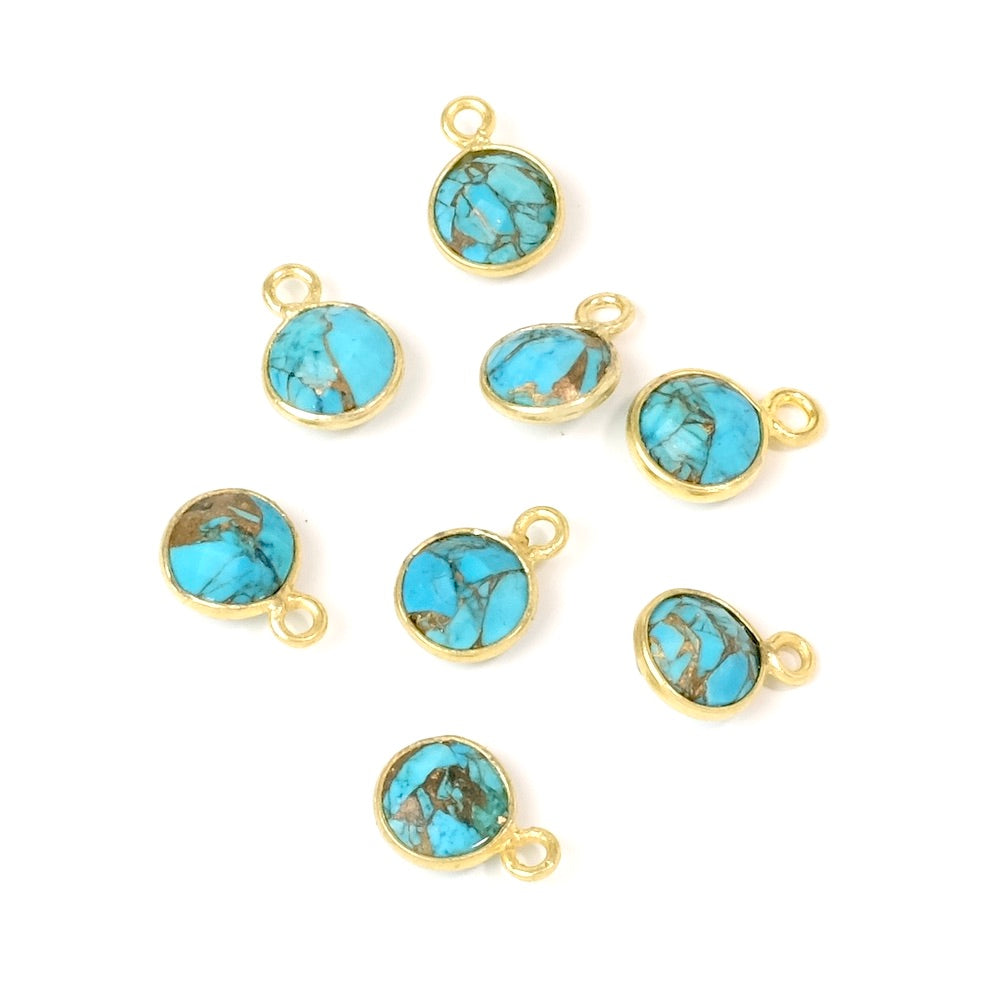 Pendentif sertis rond 6mm de Turquoise cuivrée en laiton Doré à l'or fin 24K