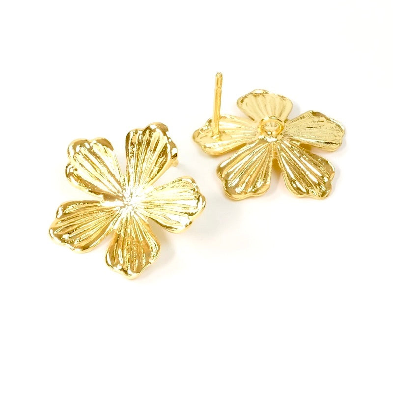 Boucles d&#39;oreilles clous Fleurs en laiton doré à l&#39;or fin 24K, la paire