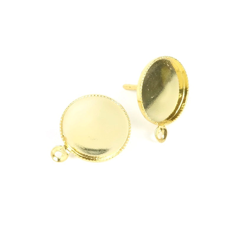 Boucles d&#39;oreilles clous pour cab 12mm en Laiton doré à l&#39;or fin 24K, la paire