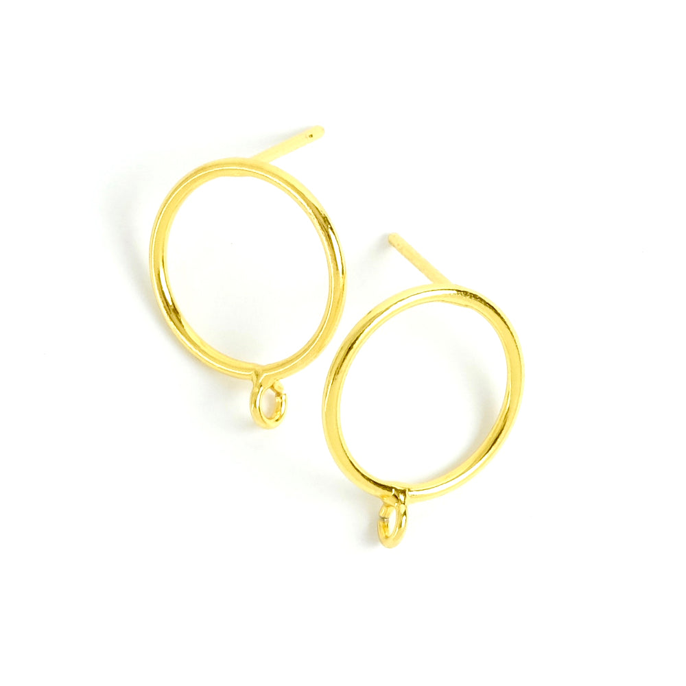 2 boucles d'oreilles créoles 15mm clous en laiton doré à l'or fin 24K