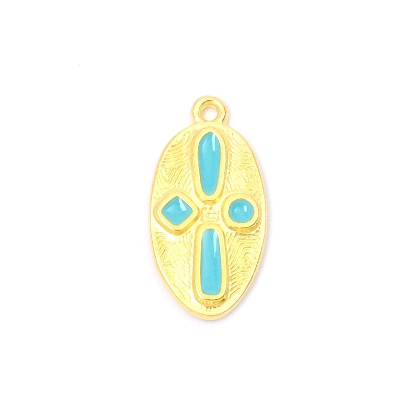 Pendentif ovale émaillé turquoise doré 24K