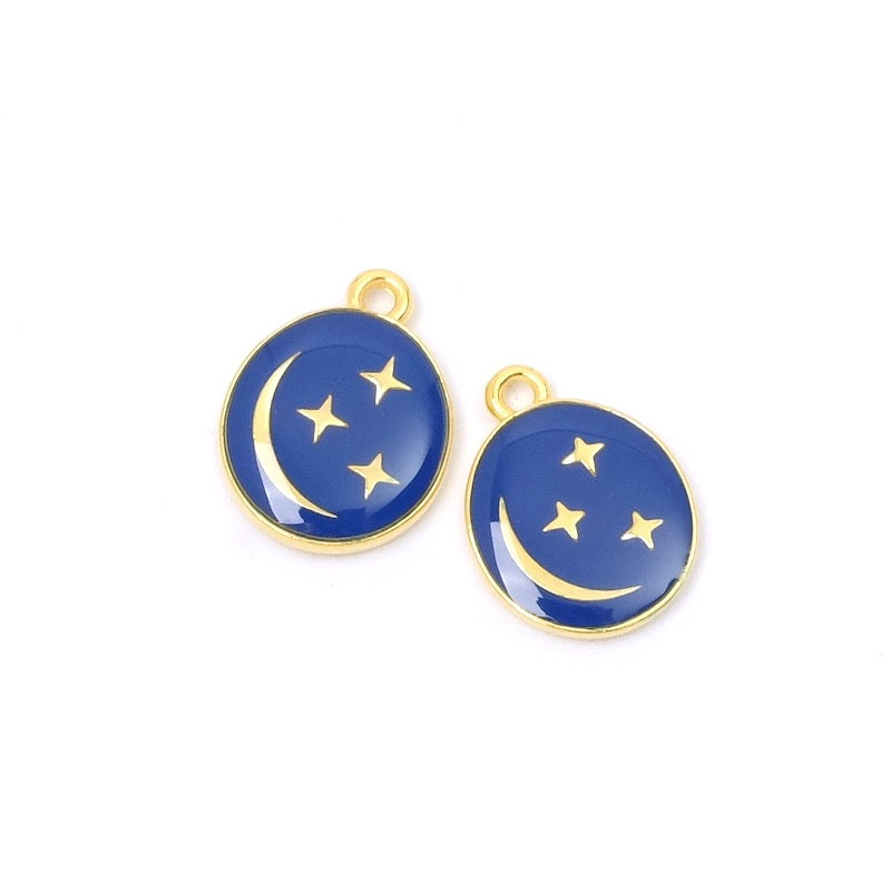 2 Pendentifs Ovales Lune et étoiles émail bleu nuit doré 24K