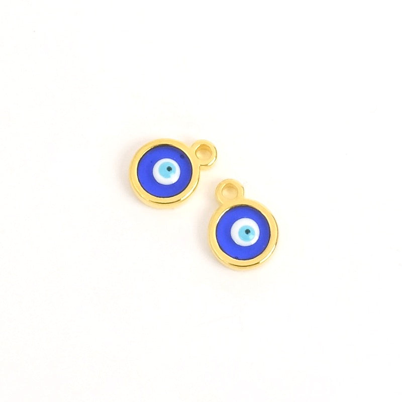 2 pendenti rotondi in vetro colorato blu e occhio in Zamak oro 24K