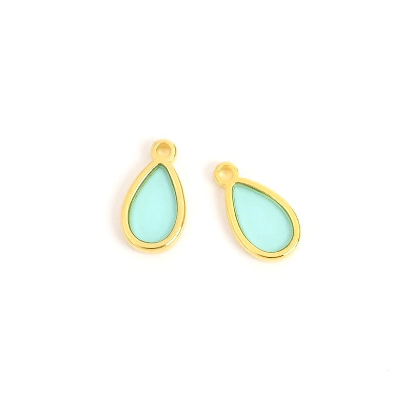 2 Pendentifs gouttes vitraux aqua en Zamak doré 24K