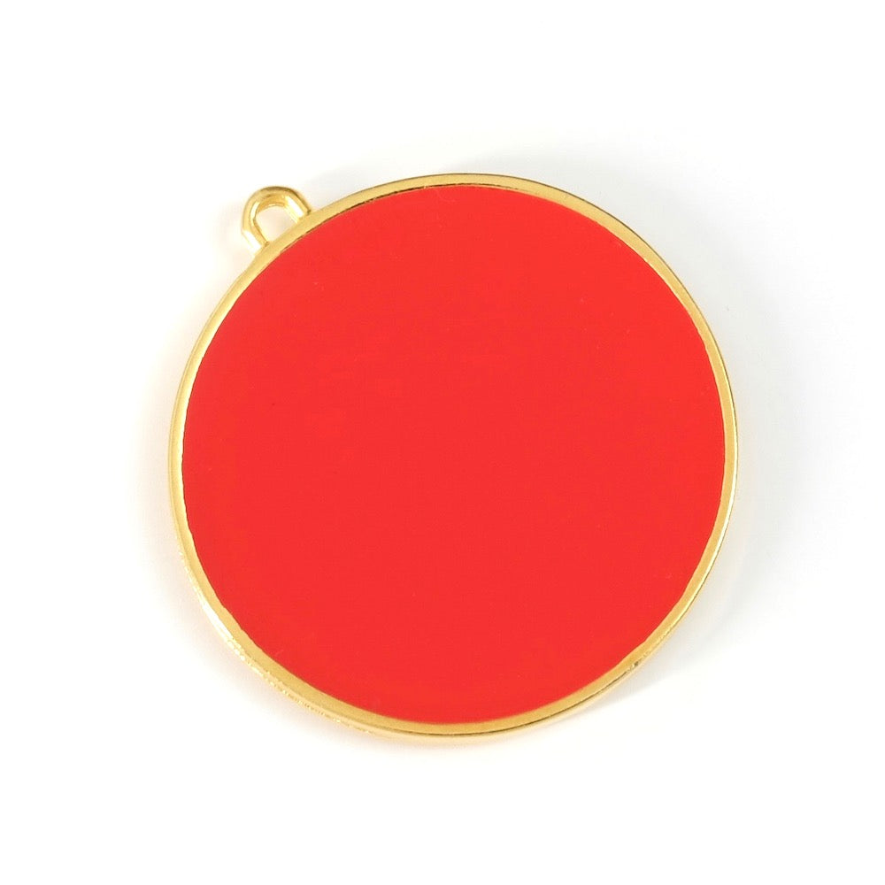 Pendentif rond 30mm émaillé Rouge intense en Zamak doré Or 24K