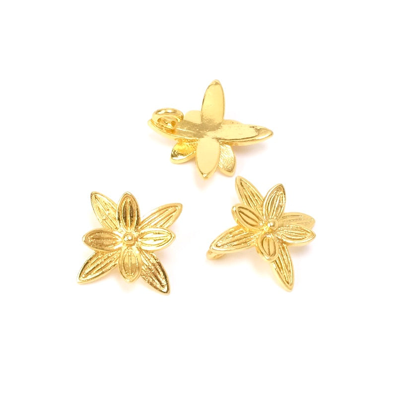 2 Pendentifs Fleur en laiton doré à l'or fin 24K