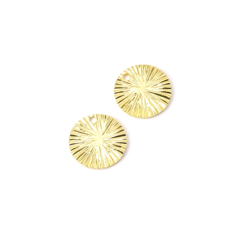 2 pendentifs rond ondulé 10mm en laiton Doré à l&#39;or fin 24K Premium