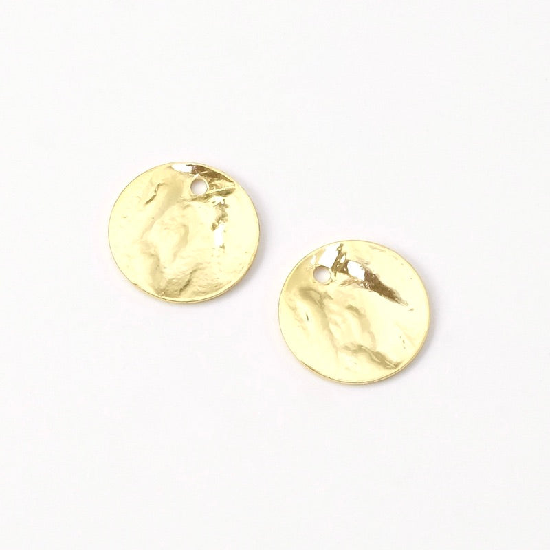 2 Pendentifs martelés 12mm en laiton Doré à l&#39;or fin 24K Premium