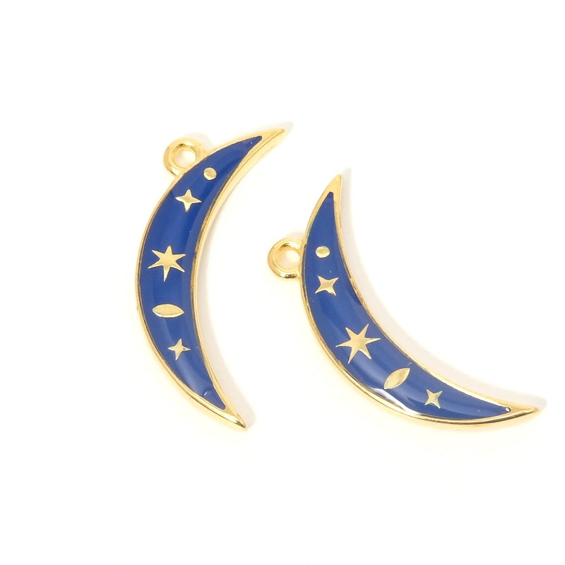 Pendentif Lune émaillé Blanc et Bleu nuit doré 24K