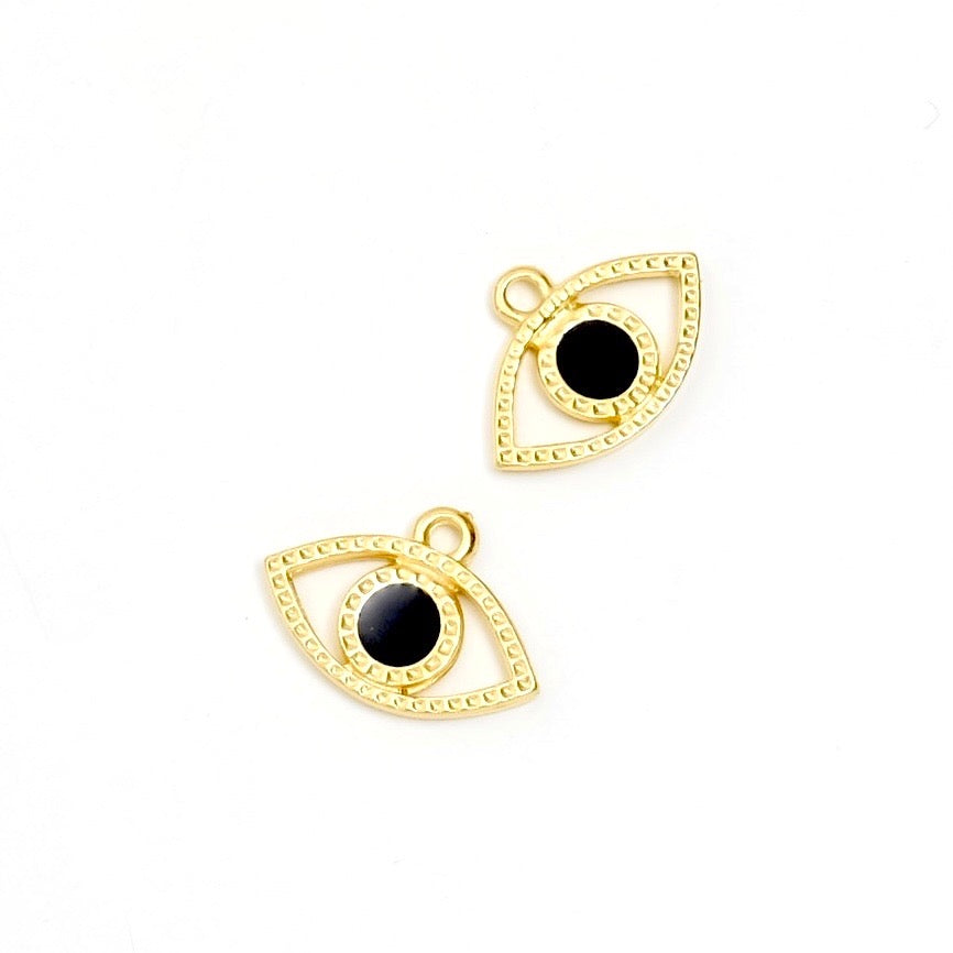 2 Pendentifs oeil émaillé Noir en Zamak doré 24K